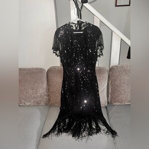 FunDaisy Black Sequin Fringe Maxi Dress With Matching Shawl